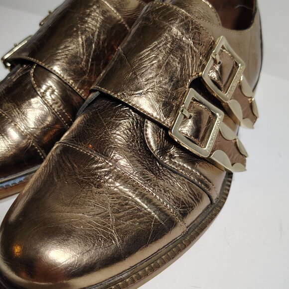 Anthropologie Kelsey Dagger Brooklyn Copper Foiled Buckle Loafers Metallic SZ 10 - Picture 4 of 13
